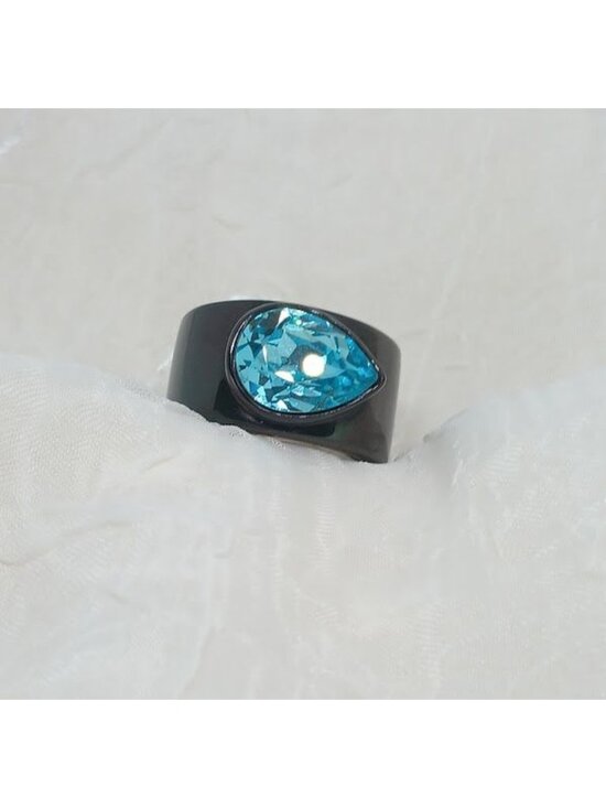 TK316 Jewelry - Black Stainless Steel Ring With Teardrop Blue Crystal Gemstone Ion-Plated Finish